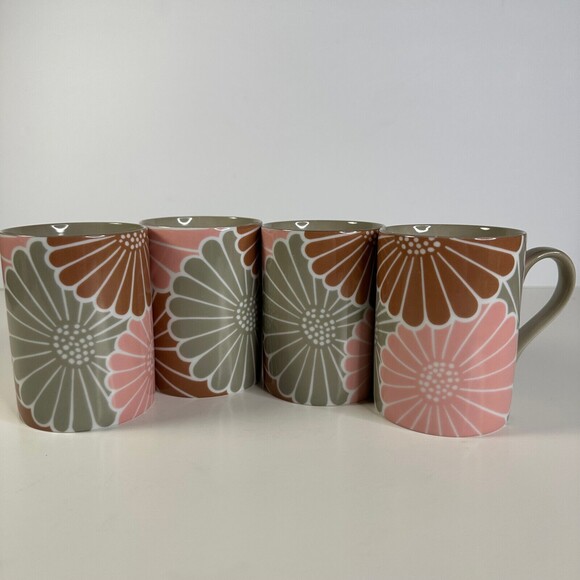 Fitz & Floyd Cups Gray Brown Pink Set of 4 KiKu Pattern porcelain - Picture 5 of 9